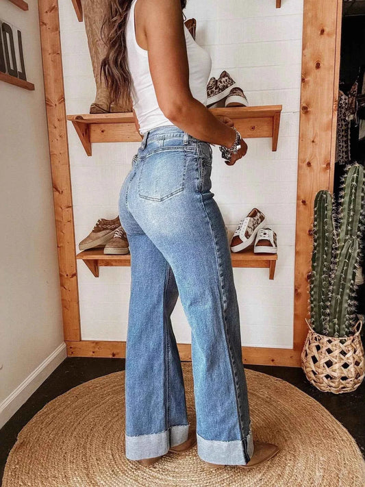 High-Waisted Wide Leg Cuffed Jeans