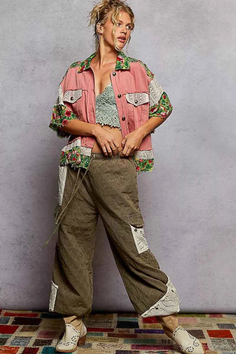 POL Lace Patch Floral Half Sleeve Shacket
