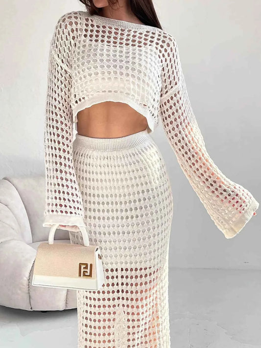 Hollow Out Long Sleeve Top and Skirt Knit Set