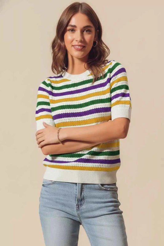 SO ME Mardi Gras Crew Neck Stripe Breathable Sweater