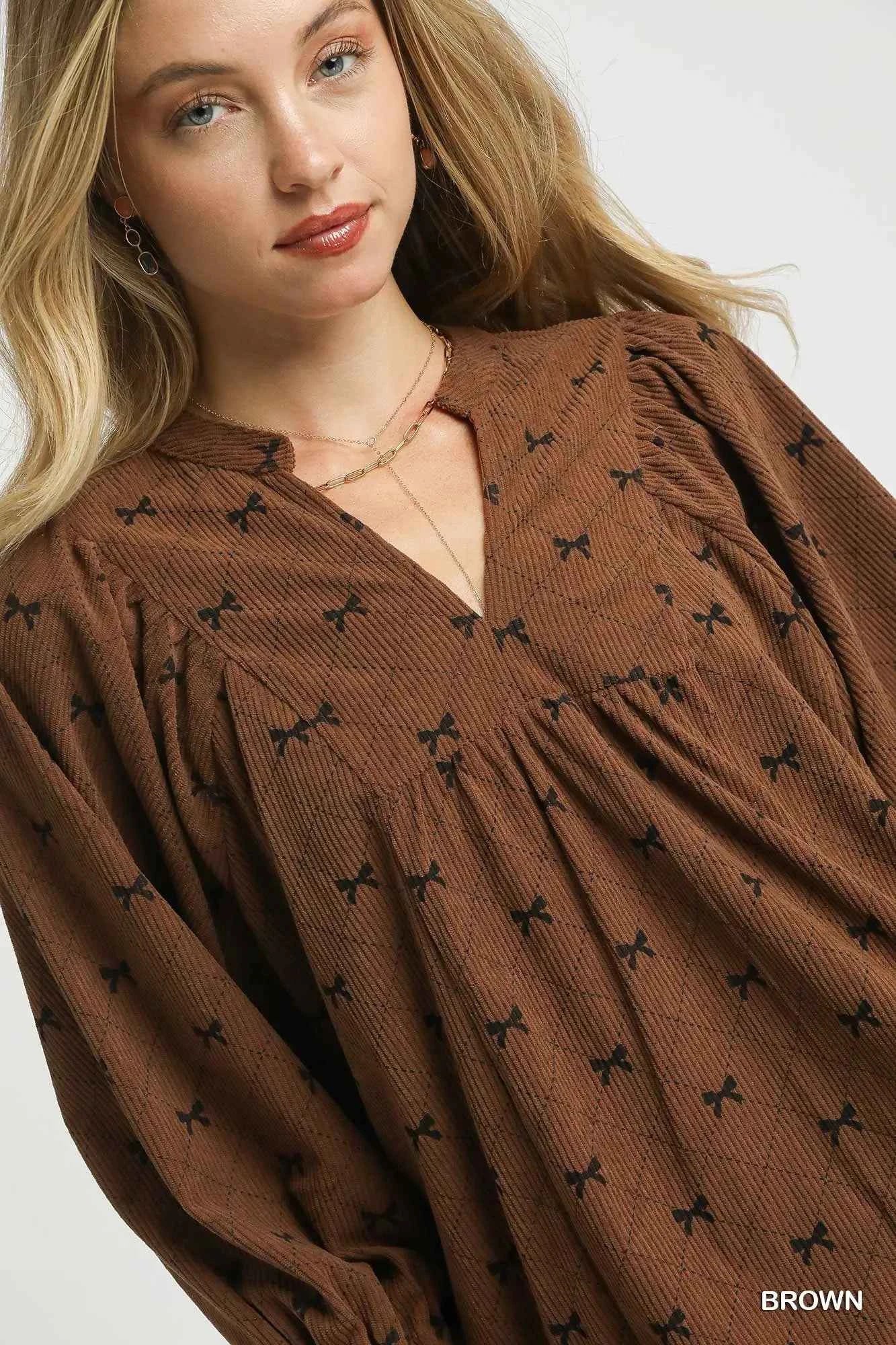 Umgee Corduroy Bow Print Balloon Sleeve Blouse