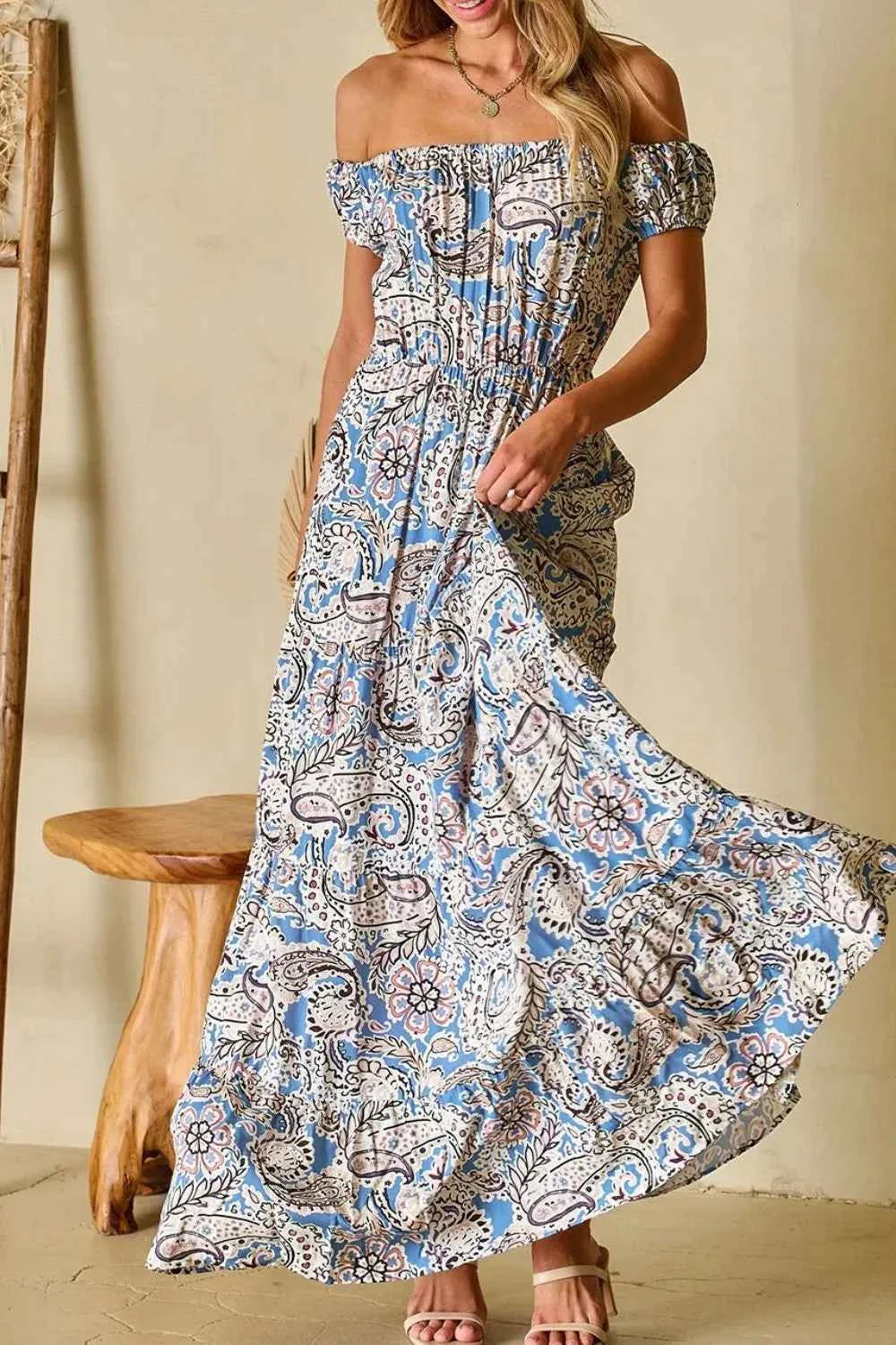 Boho Paisley Print Off Shoulder Maxi Dress