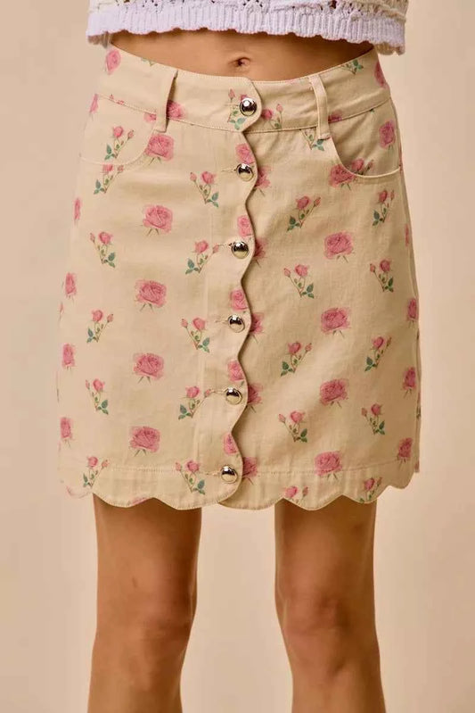 SO ME Floral Rose Print Cotton Twill Scallop Mini Skirt