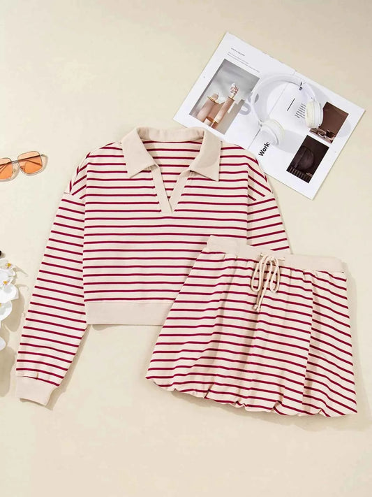 tripe Cropped Collared Drop Shoulder Pullover and Bubble Mini Skirt Set