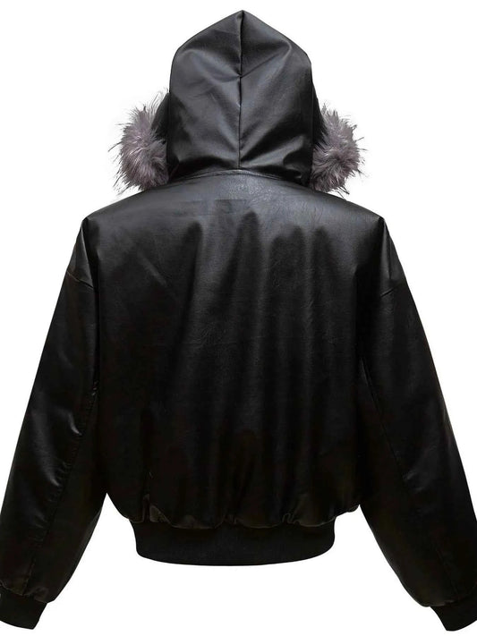 Men's Leather Bomber Jacket with Faux Fur Hood