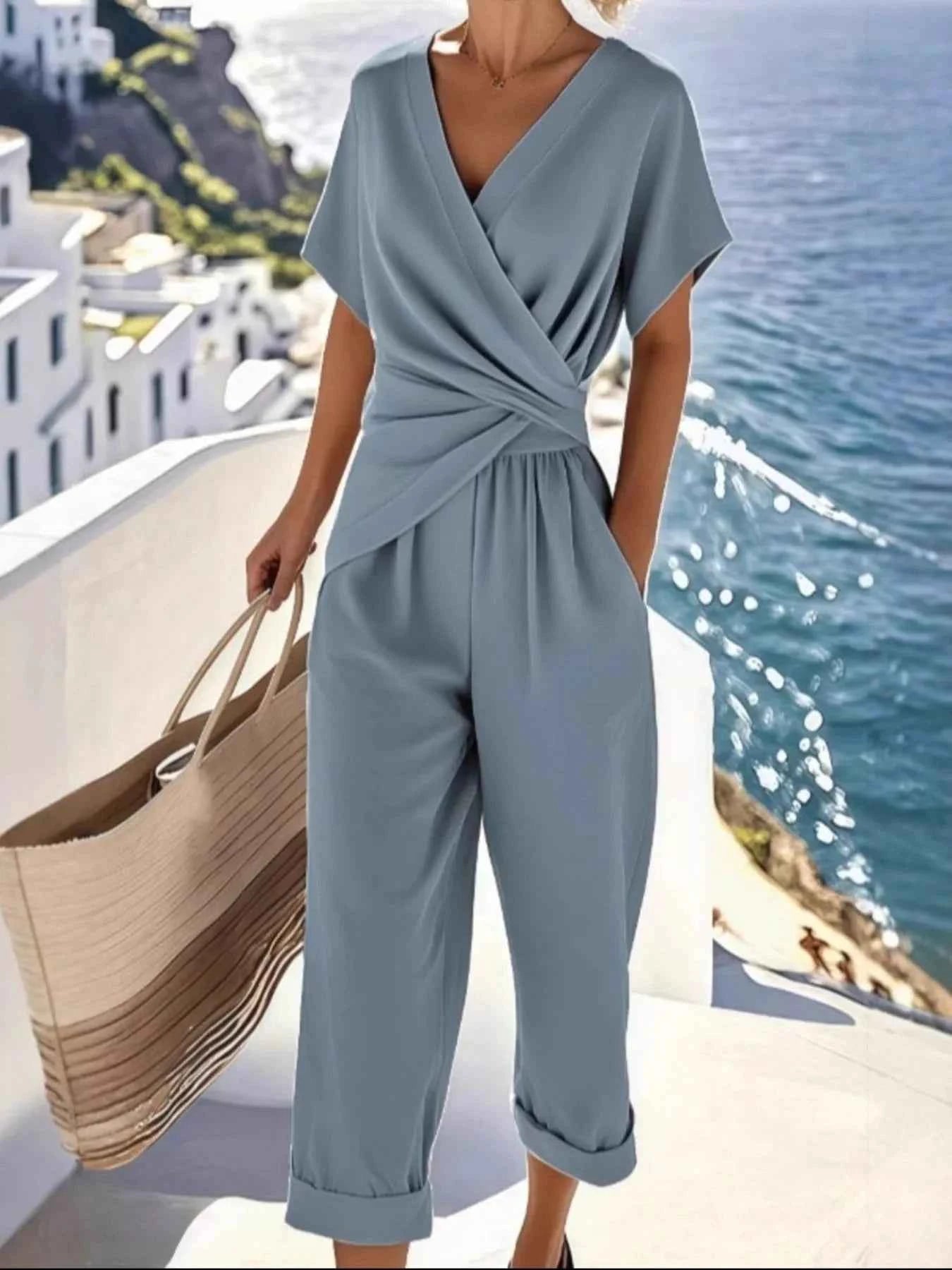 Full Size Surplice Short Sleeve Top and Pants Set Plus Size