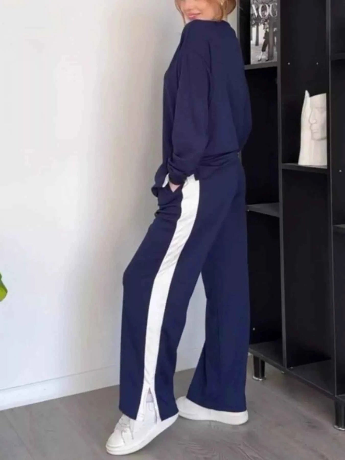 Full Size Contrast Round Neck Top and Pants Set Plus Size