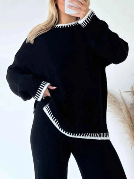 Contrast Trim Round Neck Top and Pants Sweater Set