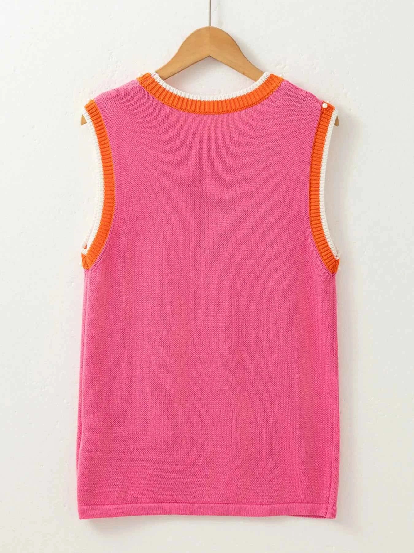 Contrast Trim Pearl Detail Sweater Tank Top