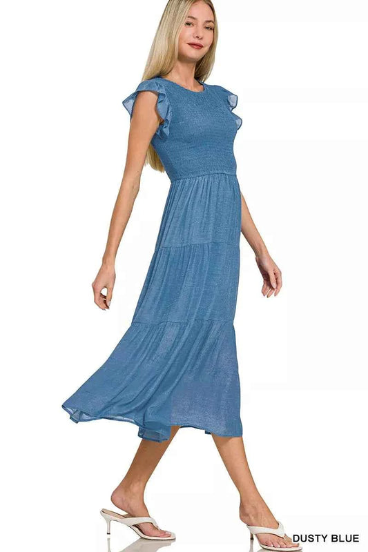 Zenana Woven Smocked Ruffle Sleeve Midi Dress