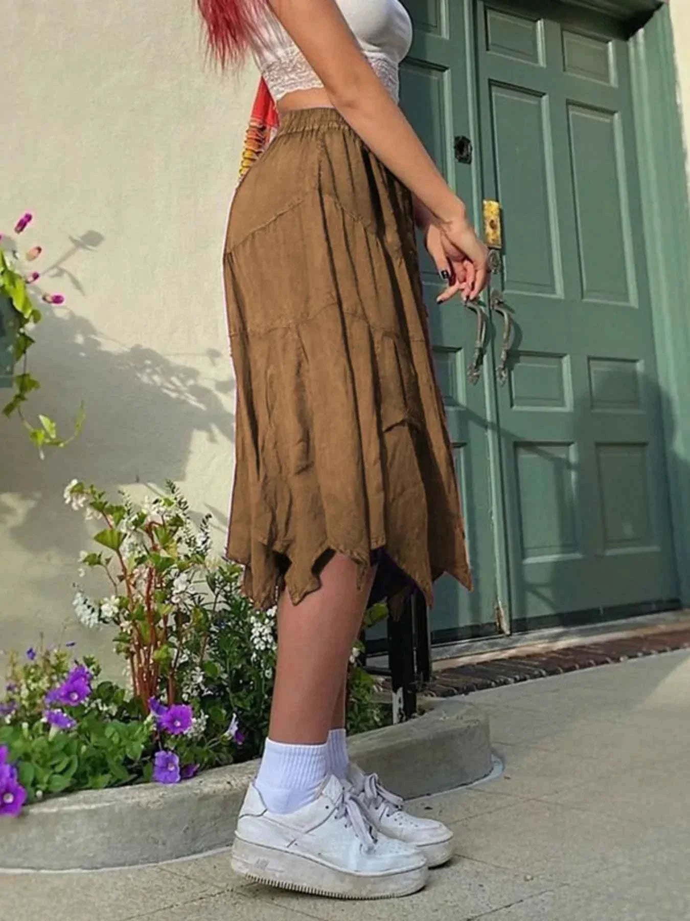Asymmetrical Hem Midi Skirt with Drawstring Waist