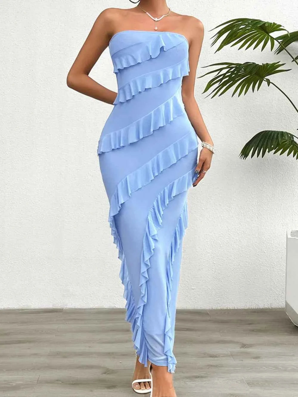 Ruffled Slit Back Tube Maxi Dress