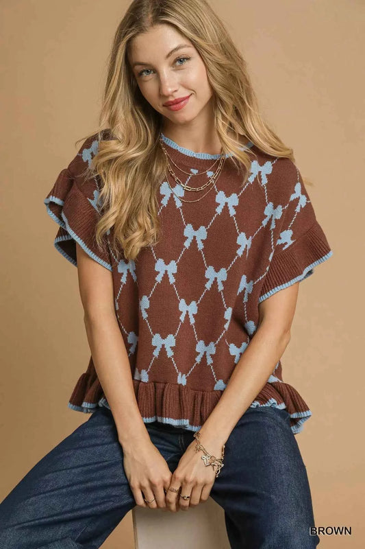 Umgee Bow Knit Ruffle Sleeve Sweater