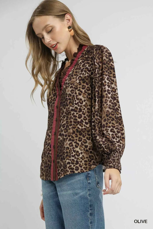 Umgee Ruffle Trim Leopard Print Shirt