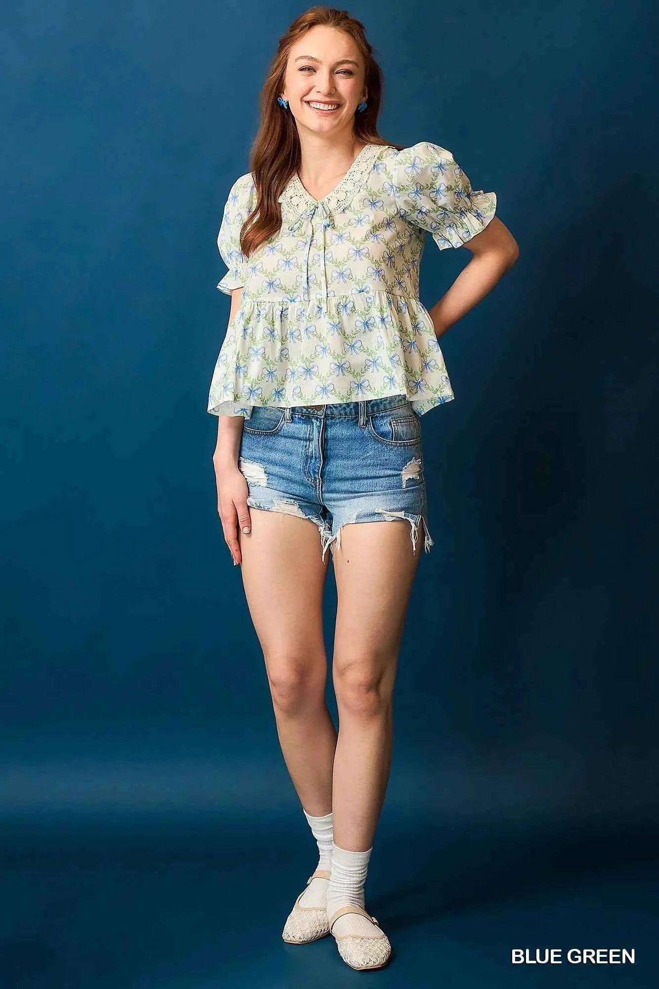 Umgee Lace Detail Bow Print Flounce Sleeve Blouse