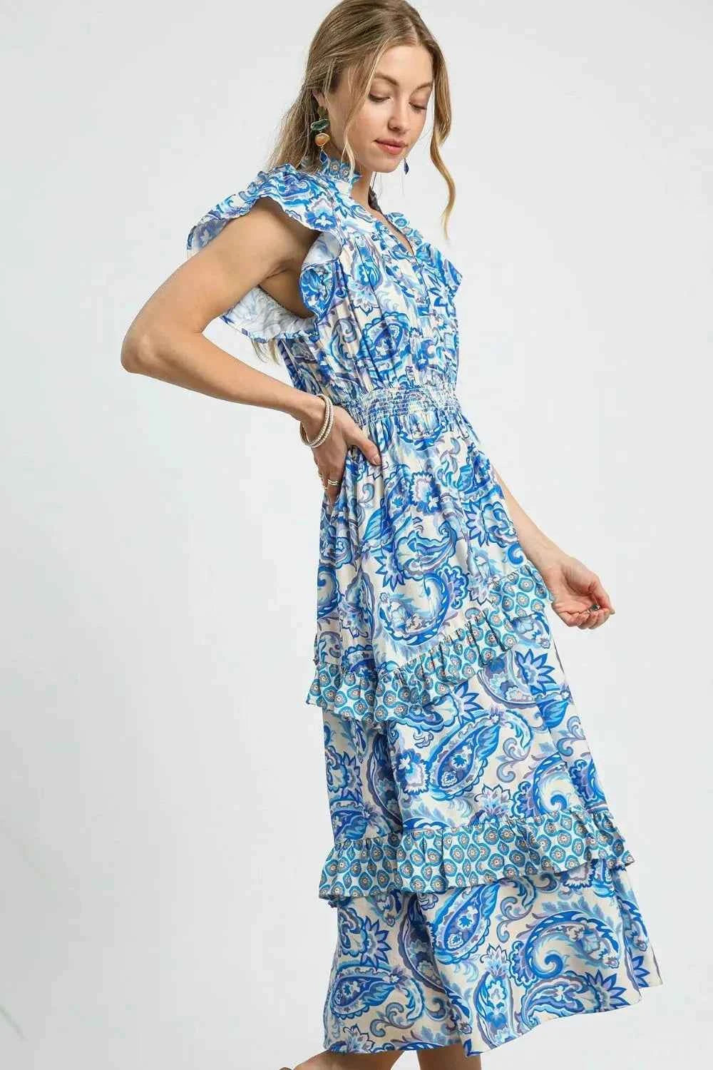 Umgee Paisley Print Ruffle Sleeve Midi Dress