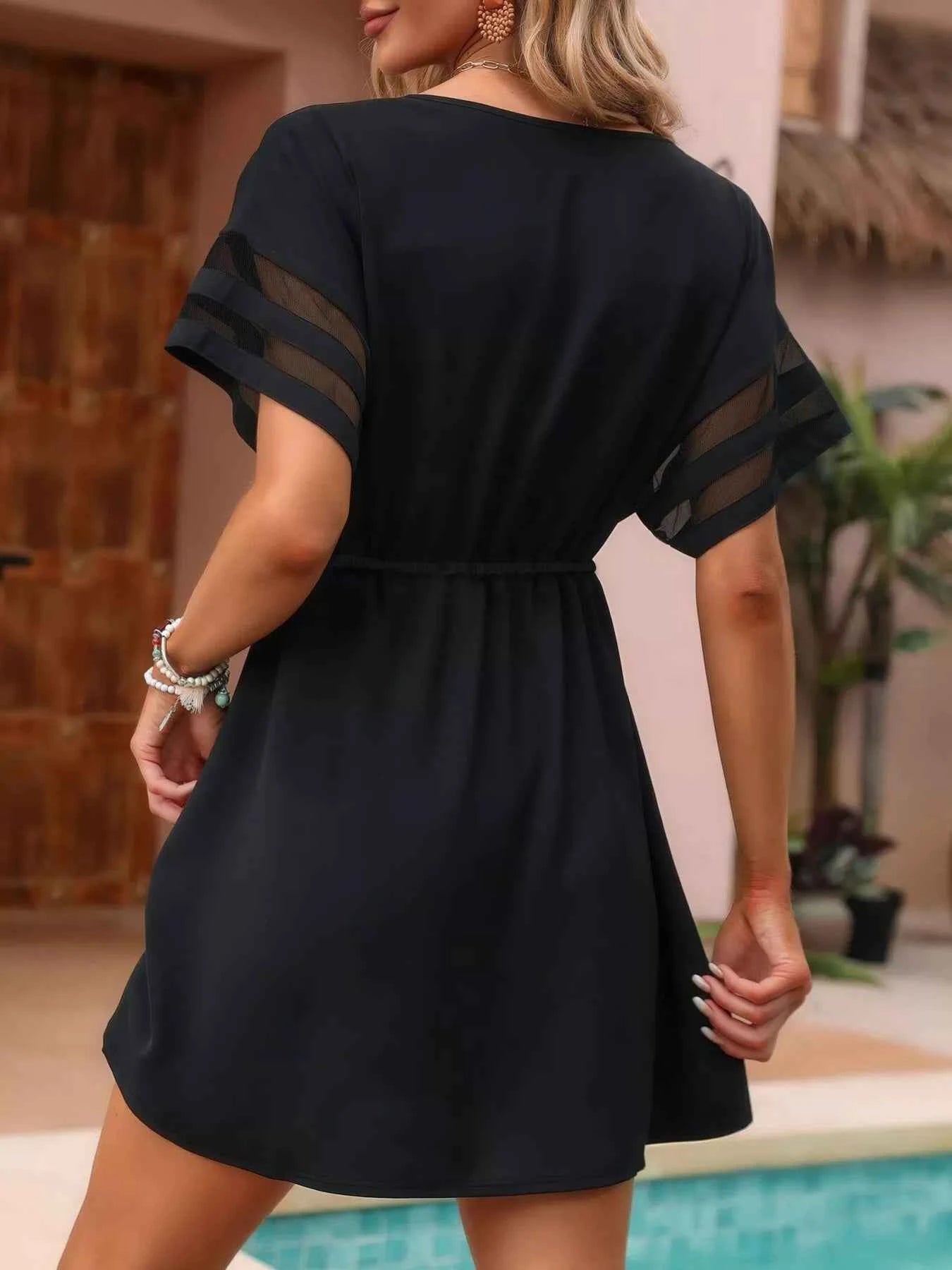 V-Neck Mesh Sleeve Mini Dress