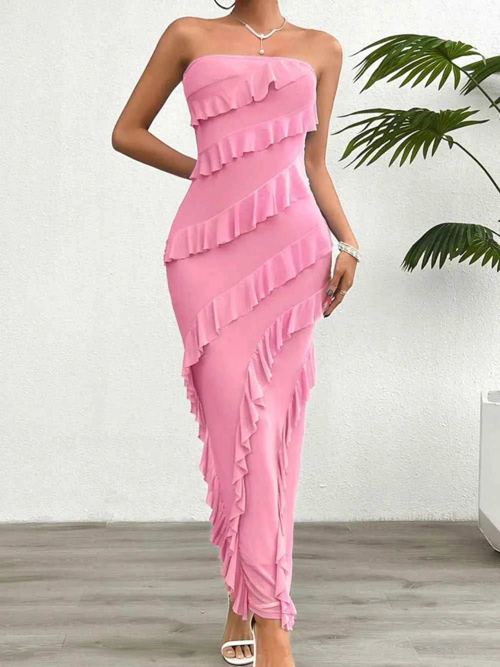 Ruffled Slit Back Tube Maxi Dress