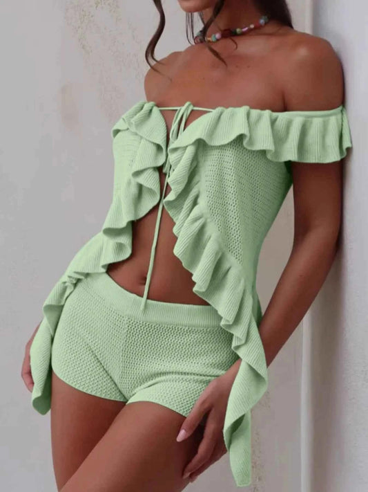 Off-Shoulder Ruffle Top and Shorts Sweater Set