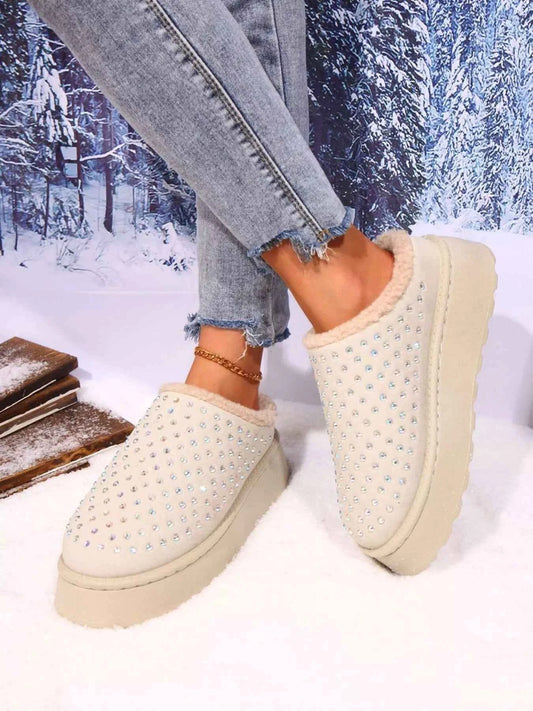 Rhinestone Round Toe Platform Slippers