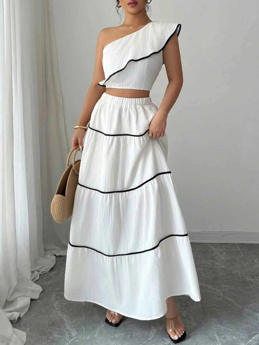 One-Shoulder Ruffle Top and Skirt Two-Piece Set