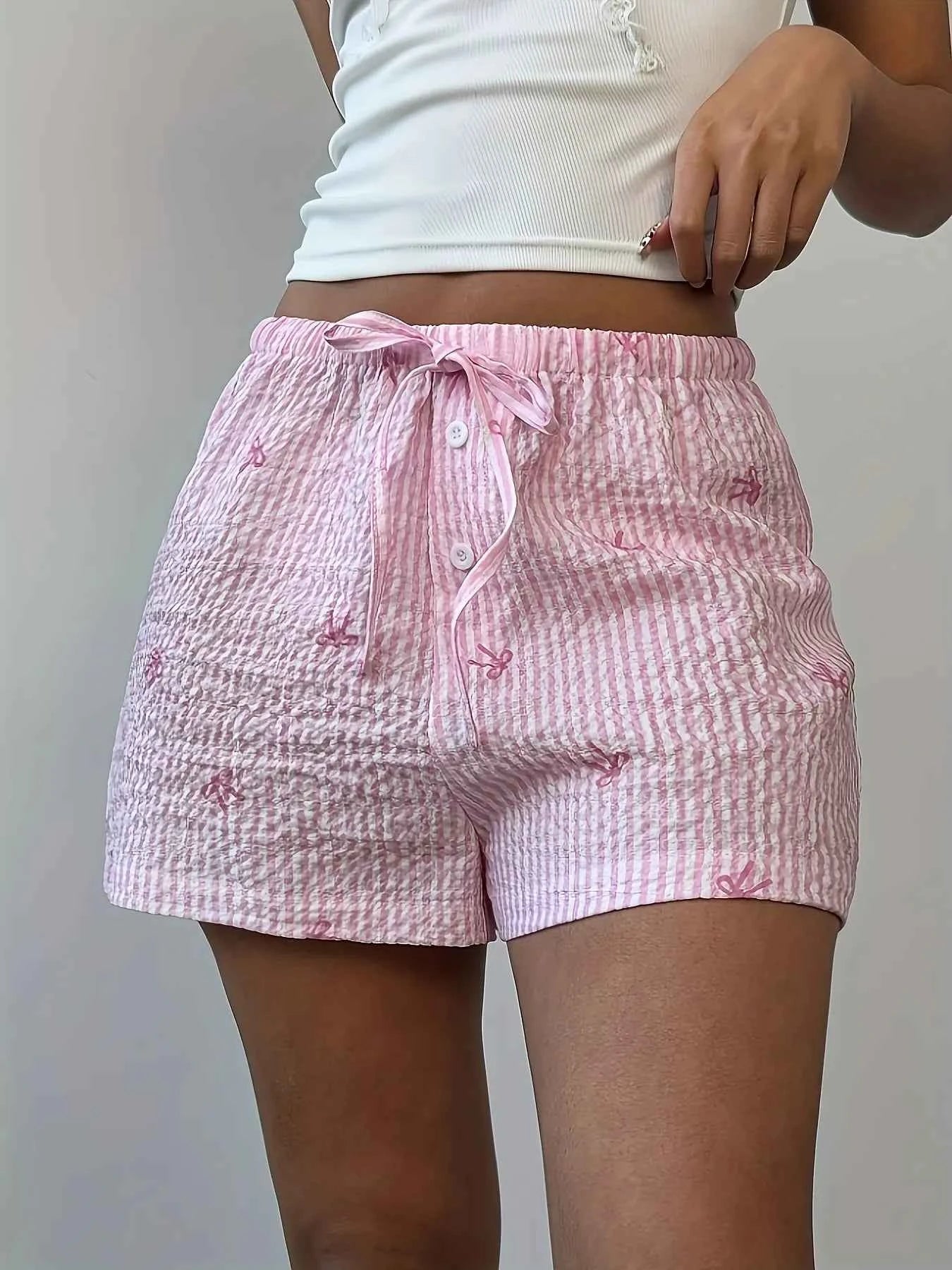 Bow Striped Drawstring Casual Shorts