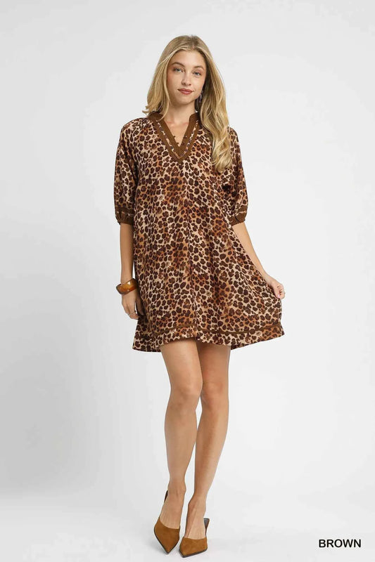 Umgee Full Size Leopard Print Mini Dress with Contrast Trim Plus Size