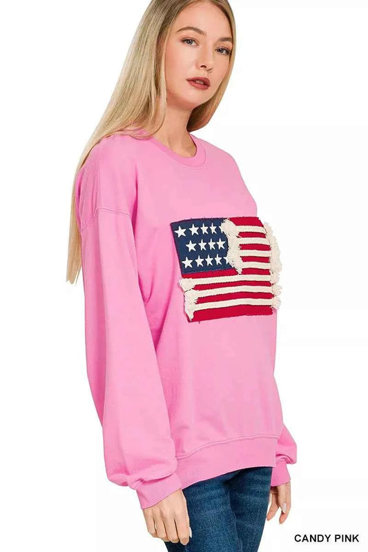 Zenana French Terry American Flag Pullover