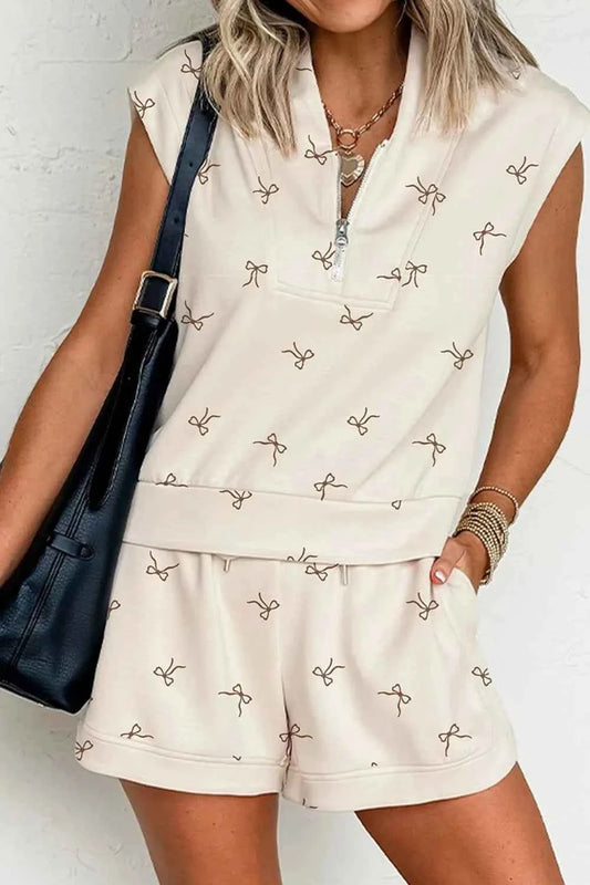 Bow Print Cap Sleeve Top and Shorts Set