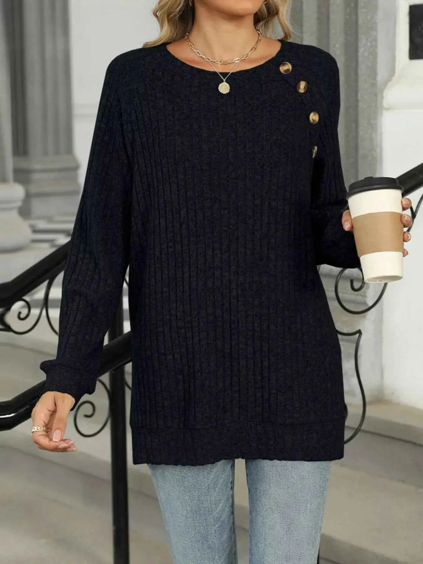 Round Neck Side Slit Ribbed Knit Top with Asymmetric Button Detail