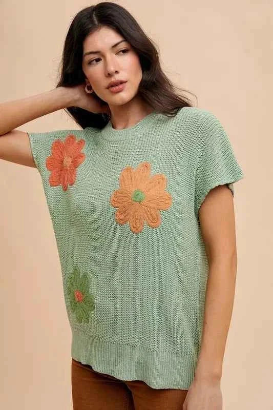 Annie Wear Large Flower Embo Dolman Sleeve Summer Sweater Top