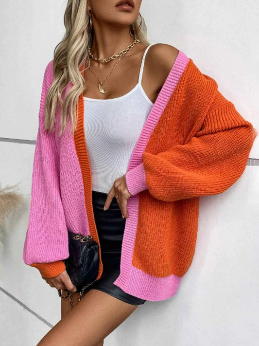 Color Block Open Front Knit Cardigan
