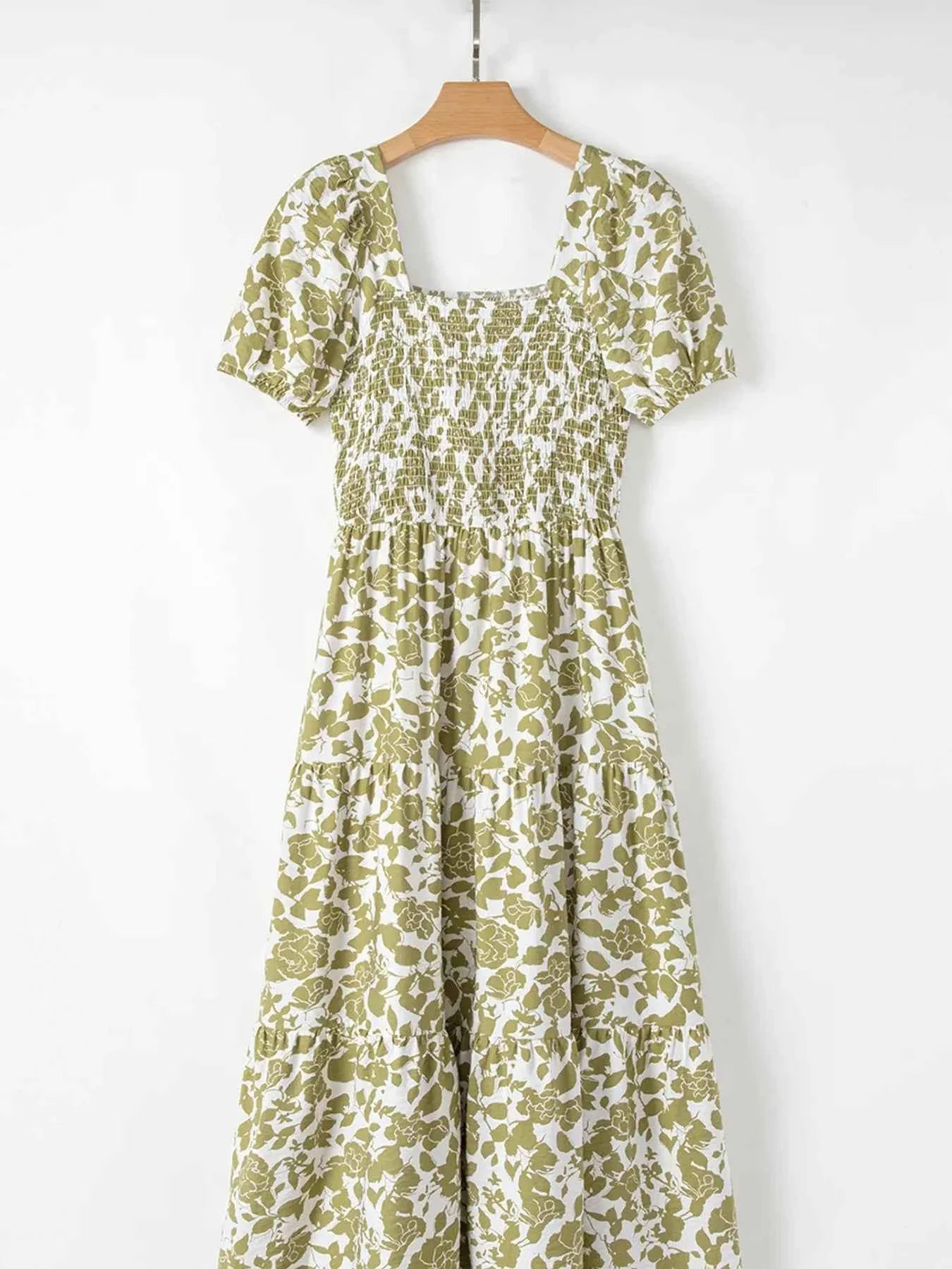 Boho Floral Square Neck Smocked Bust Puff Sleeve Tiered Dress