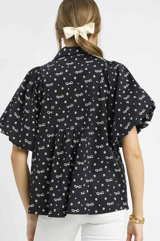 Umgee Bow Print Puff Sleeve Blouse