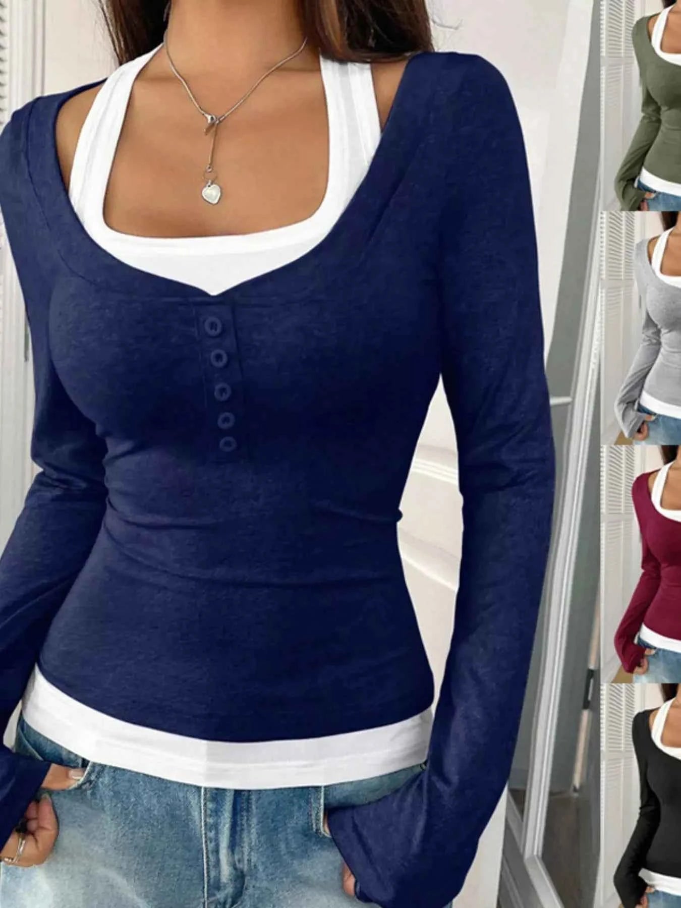 Scoop Neck Long Sleeve Fake Two-Piece T-Shirt