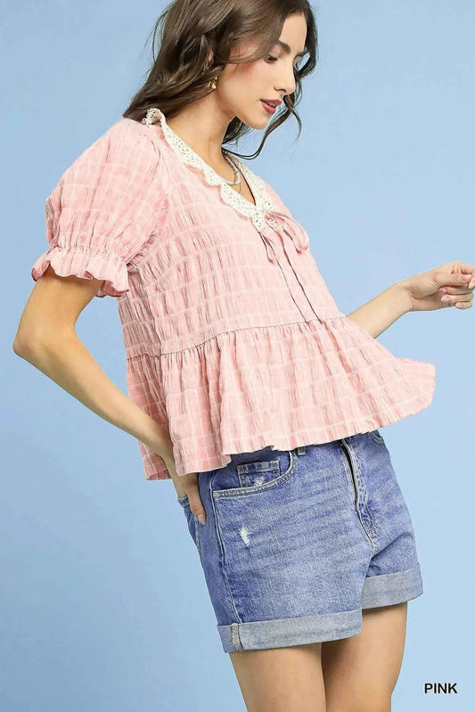 Umgee Short Sleeve Gingham Lace Peplum Blouse