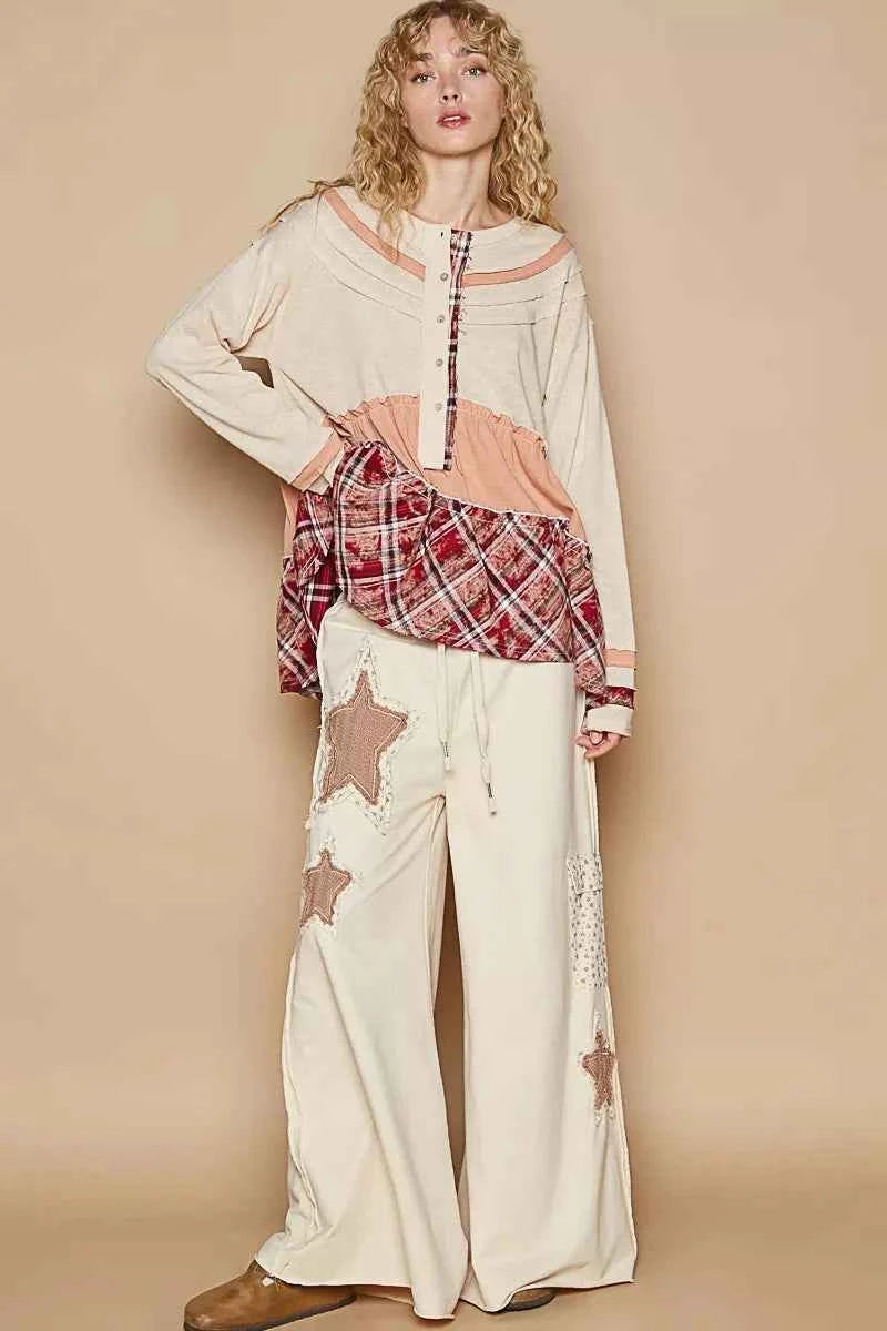 POL Round Neck Half Button Color Block Top with Merrow Edge Detail