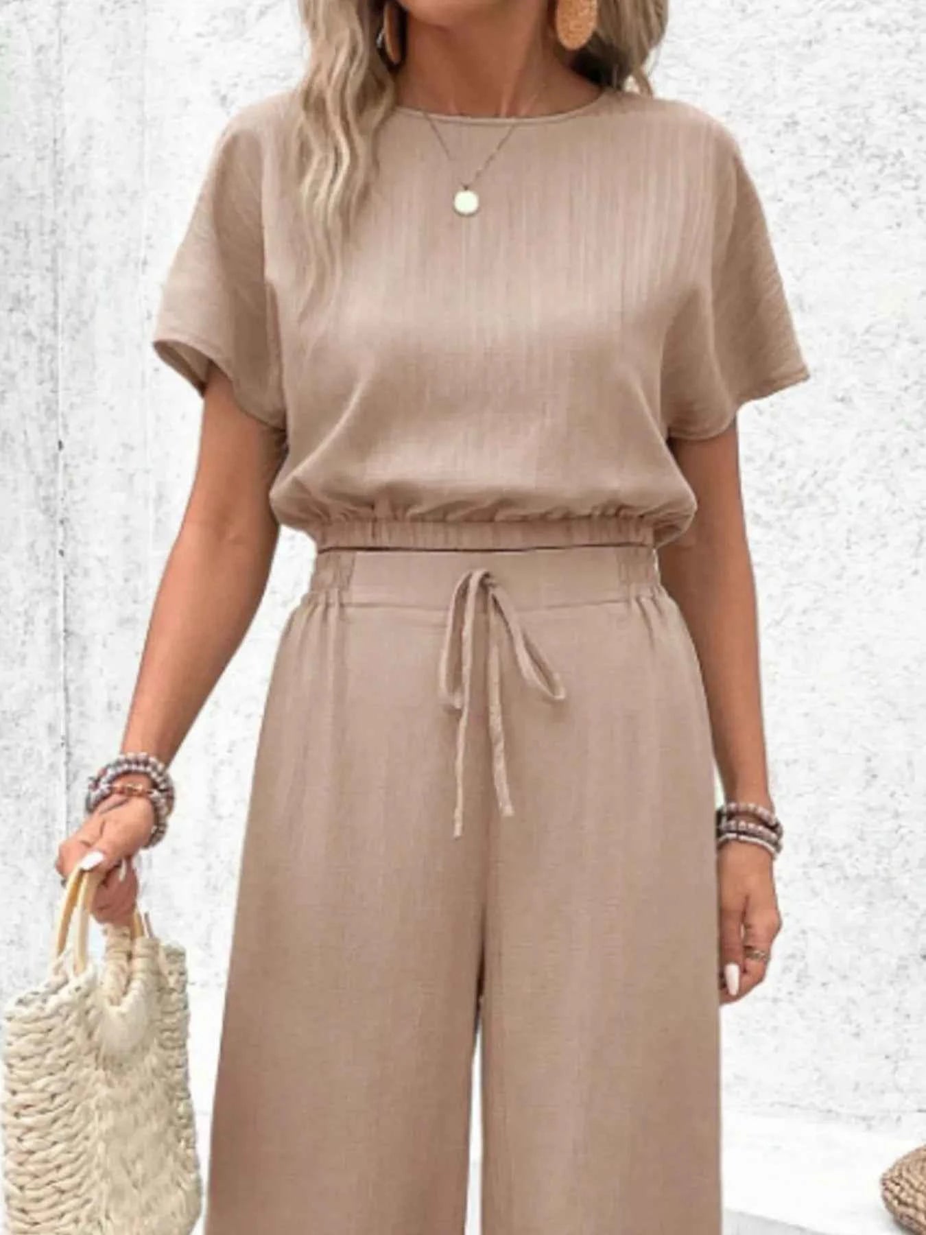 Round Neck Short Sleeve Top and Pants Set