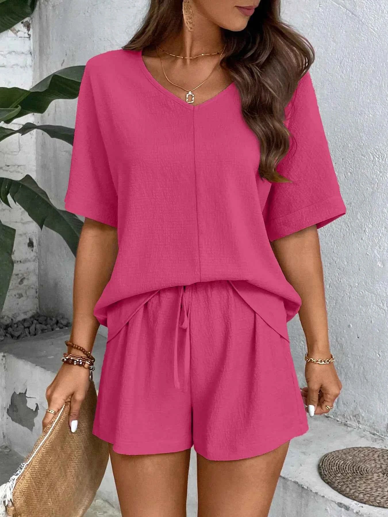 Relaxed Fit V-Neck Top and Shorts Two-Piece Set