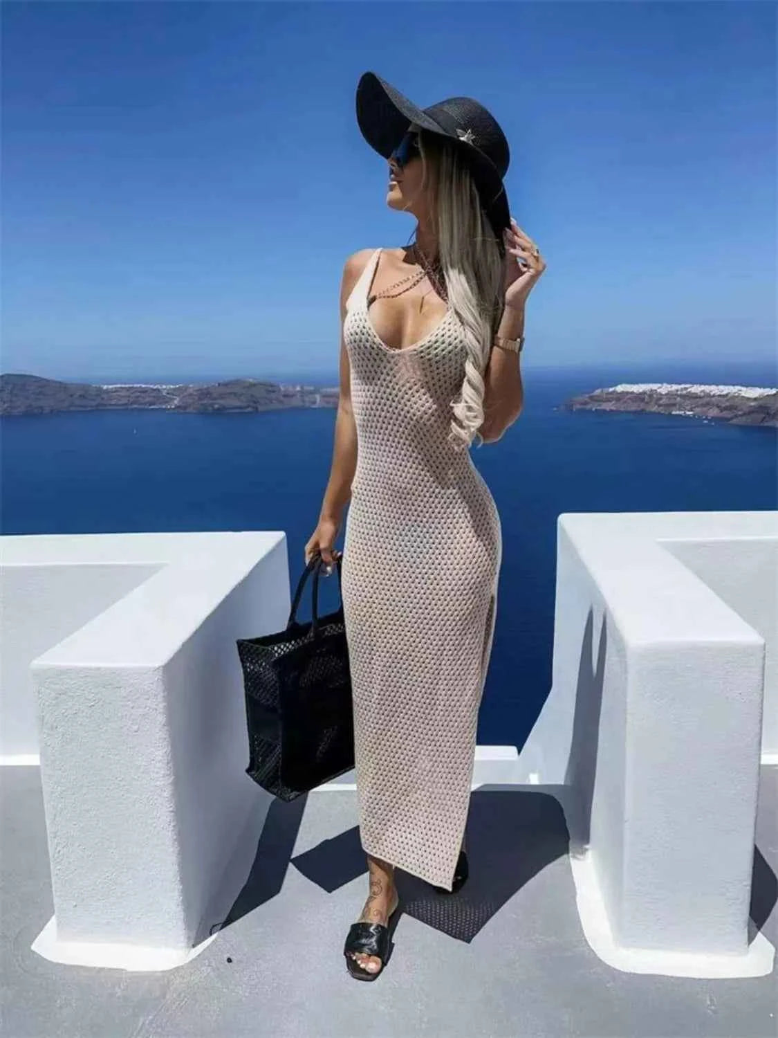 Openwork Slit Sweater Maxi Dress