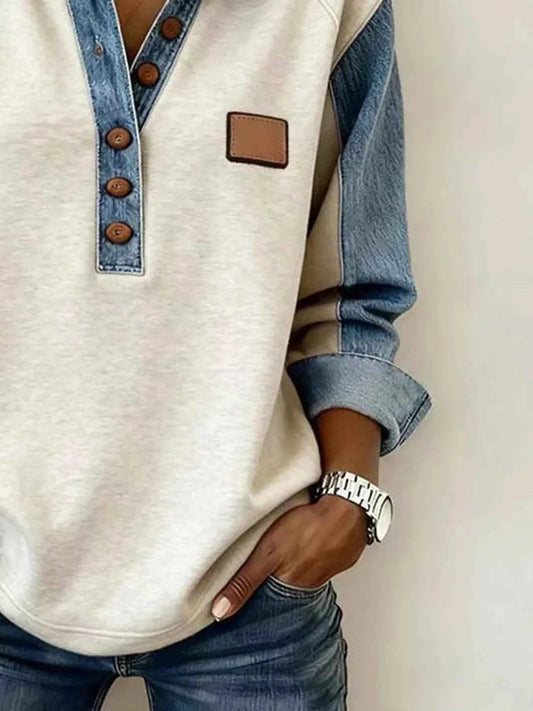 Denim Trim Button Detail Sweatshirt