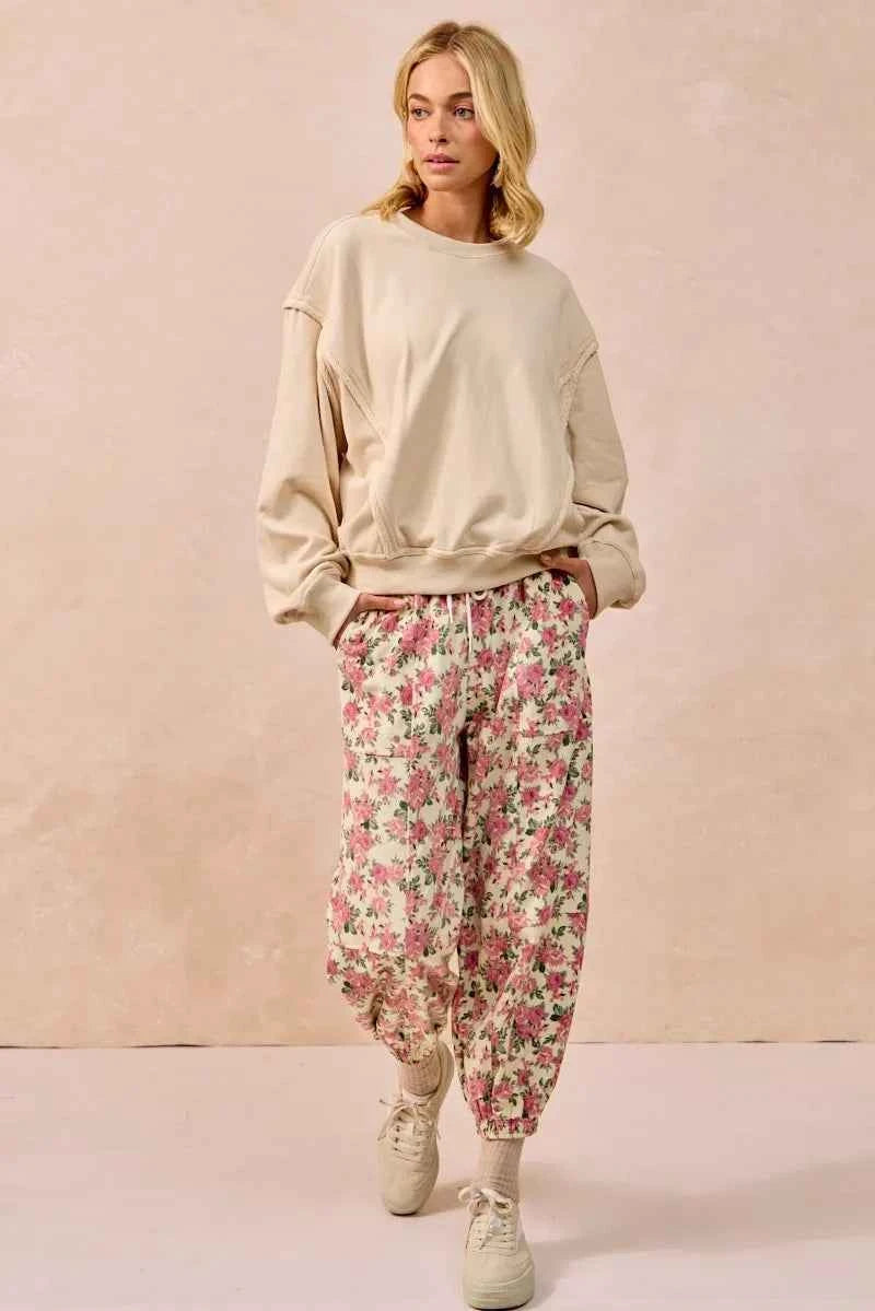 BiBi Floral Printed Twill Drawstring Pants With Elastic Band