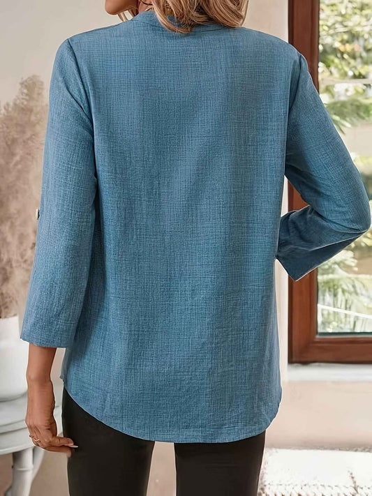 Notched Roll-Up Sleeve Blouse