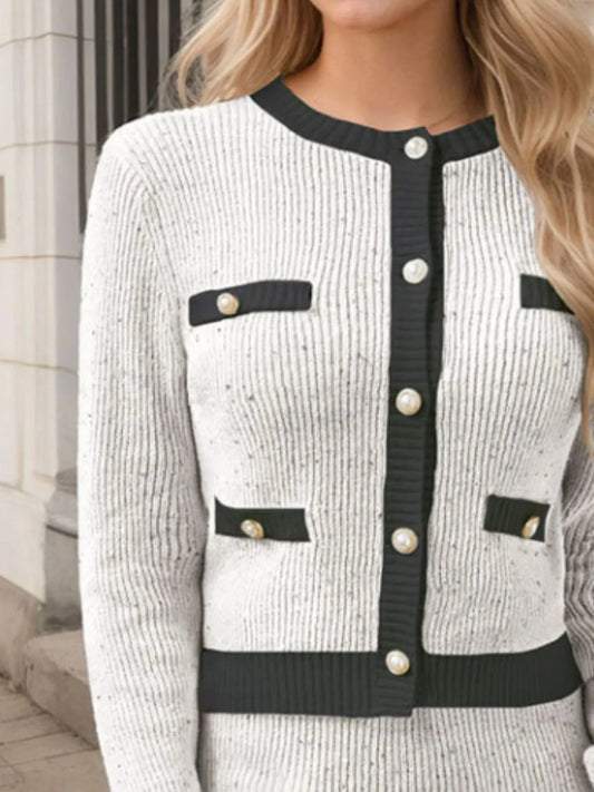 Contrast Trim Ribbed Top and Skirt Sweater Set