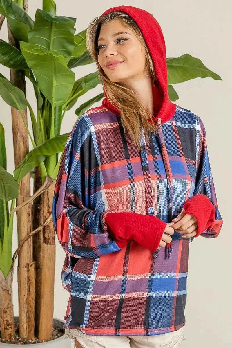 BiBi Plaid Mirr Brushed Rib Contrast Thumb Open Hoodie
