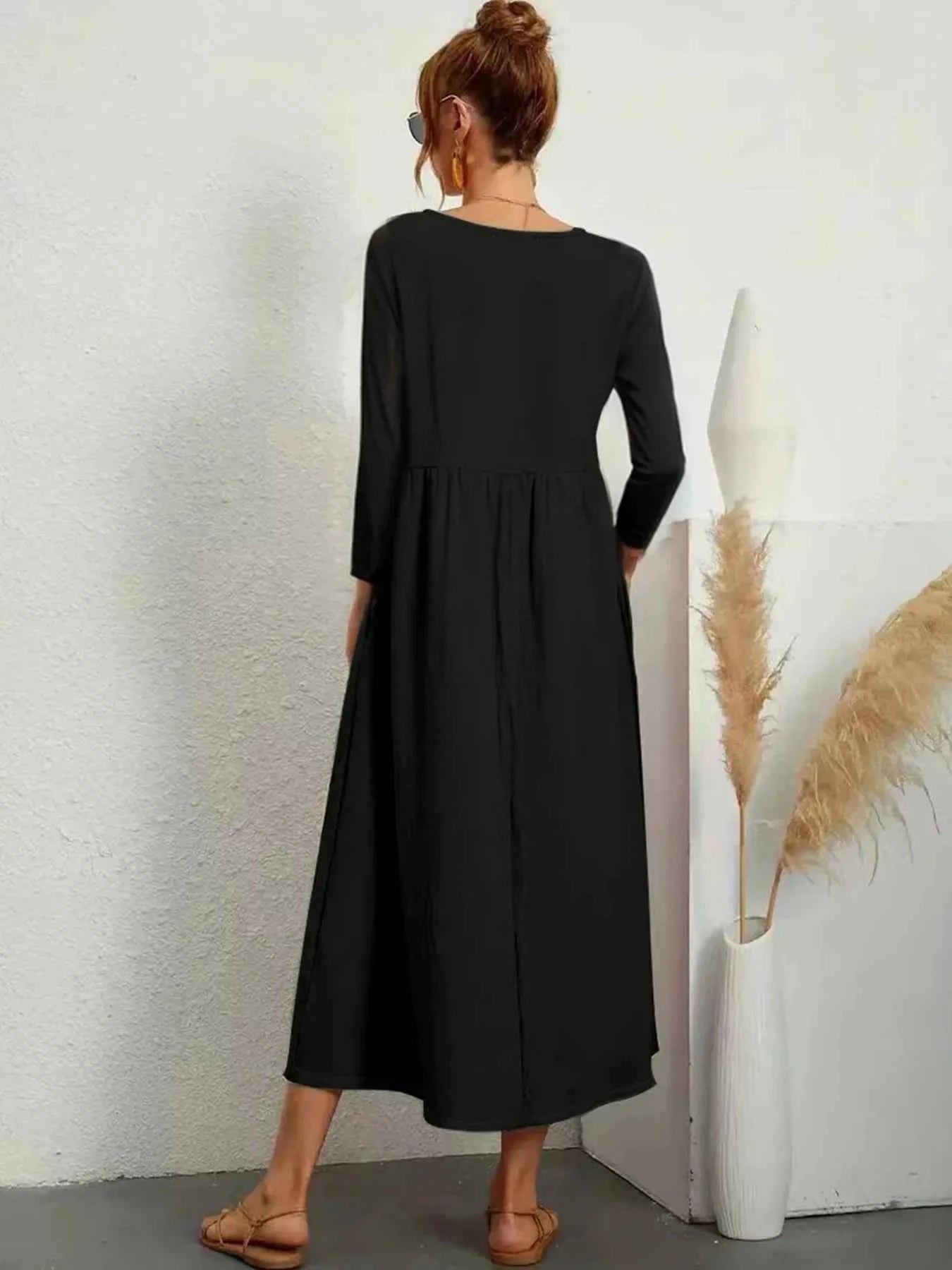 V-Neck Long Sleeve Midi Dress