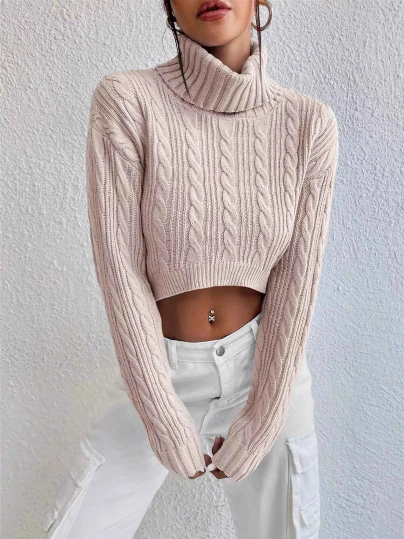 Cable-Knit Turtleneck Long Sleeve Sweater