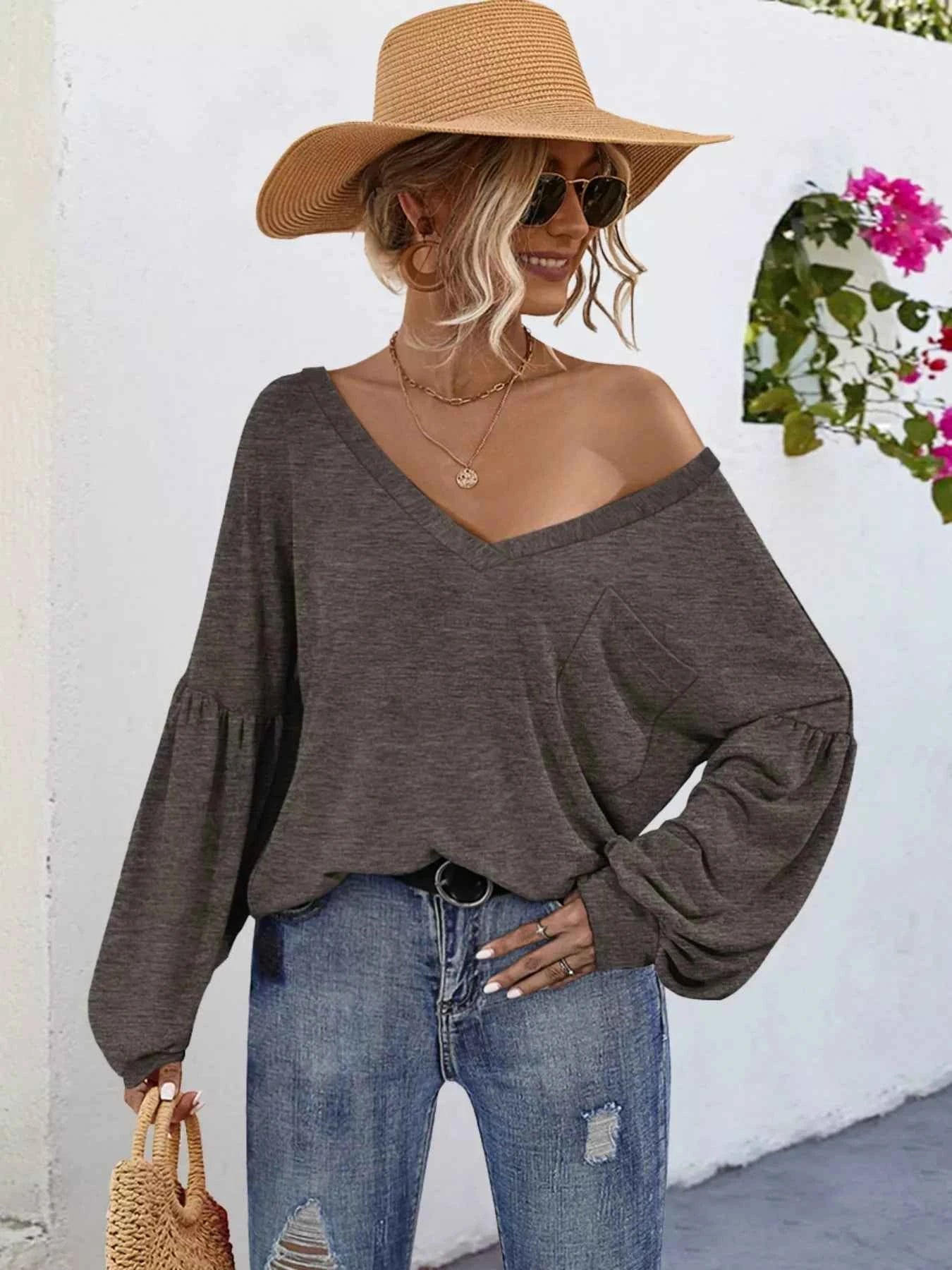 Oversized V-Neck Long Sleeve Blouse