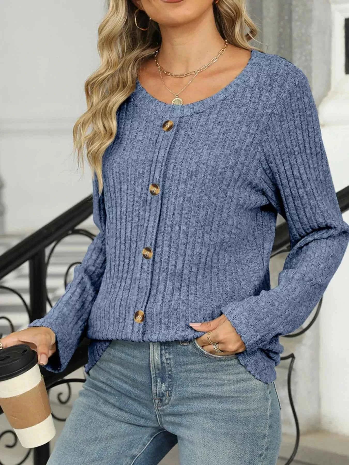 Ribbed Round Neck Long Sleeve Top