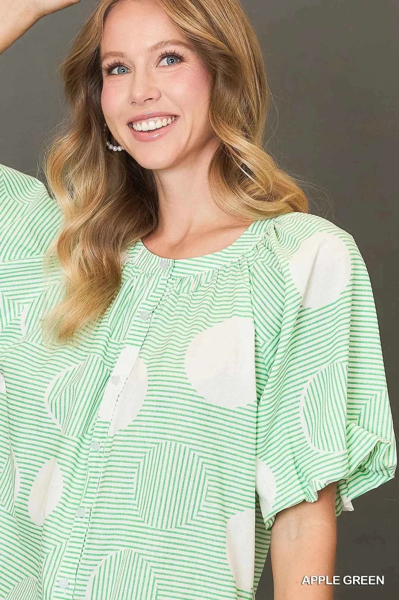 Umgee Stripe and Dot Print Button Down Puff Sleeve Mini Dress